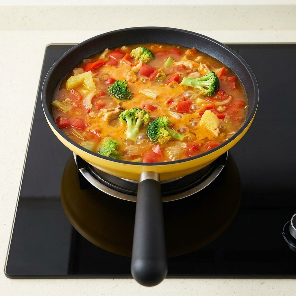 Nahaufnahme, wie ein Löffel Salz in die brodelnde Suppe gestreut wird.