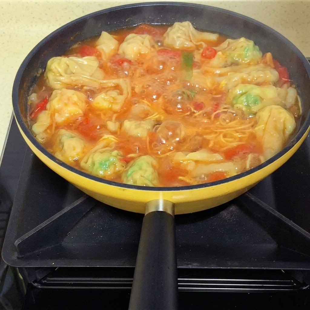 Frisch gehackte Frühlingszwiebeln werden über die fertige Wonton-Nudelsuppe gestreut.
