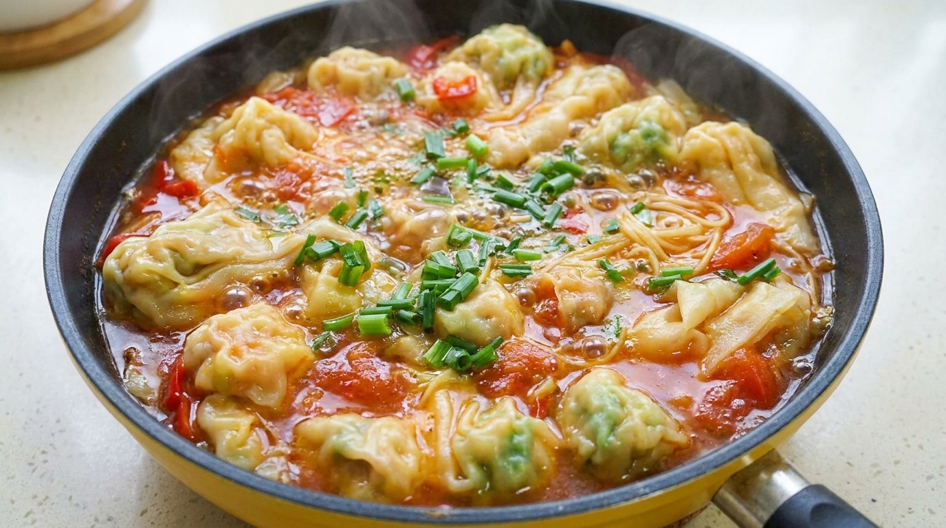 Wonton-Nudelsuppe mit Tomaten und eingelegtem Senfgrün