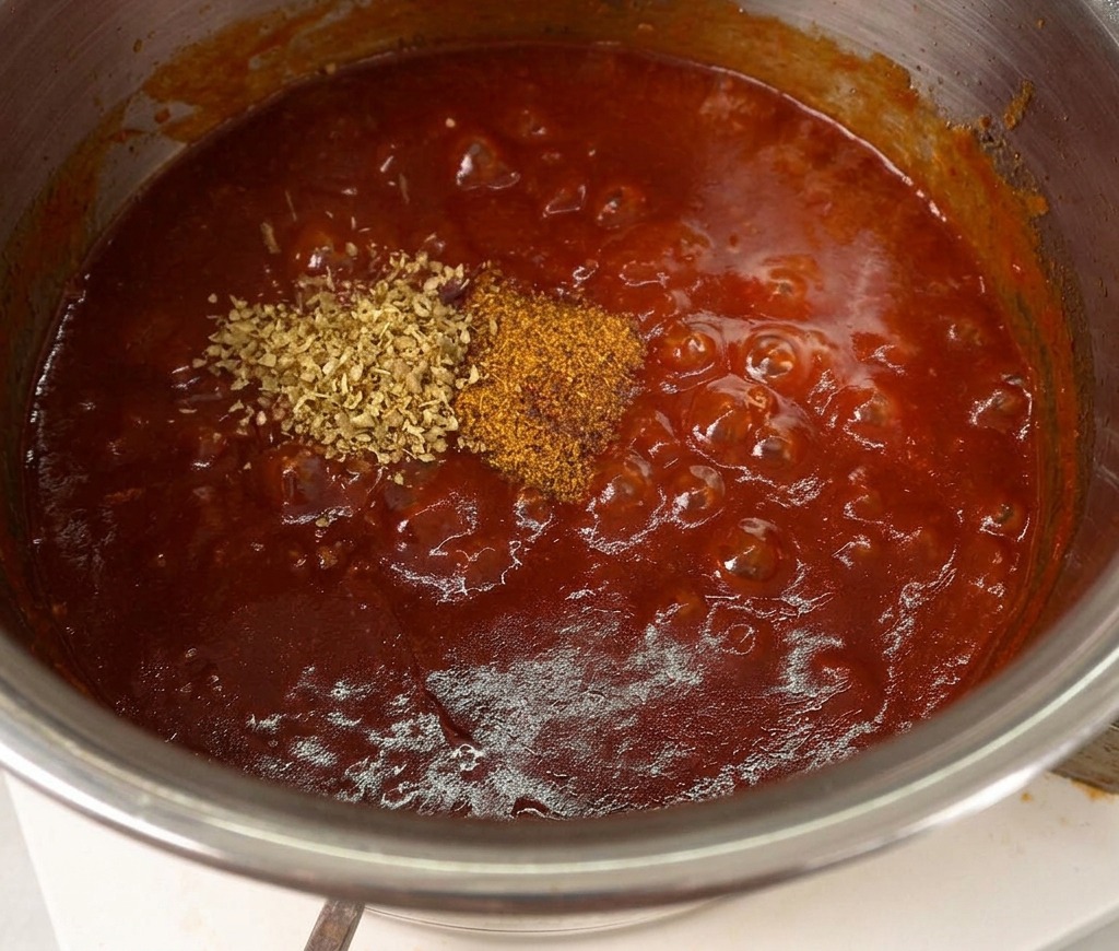 Getrocknete Gewürze auf einer blubbernden roten BBQ-Sauce im Metalltopf.