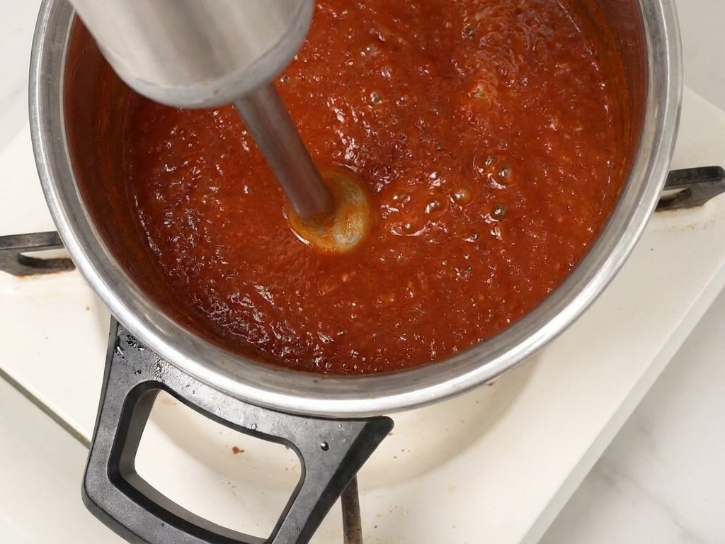 Pürierstab in einem Topf mit dicker roter BBQ-Sauce.