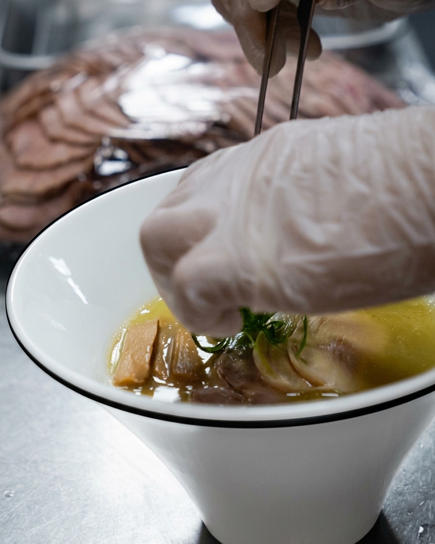 Frisch gehackte Frühlingszwiebeln werden als finales Garnish über die Ramenschüssel gestreut.