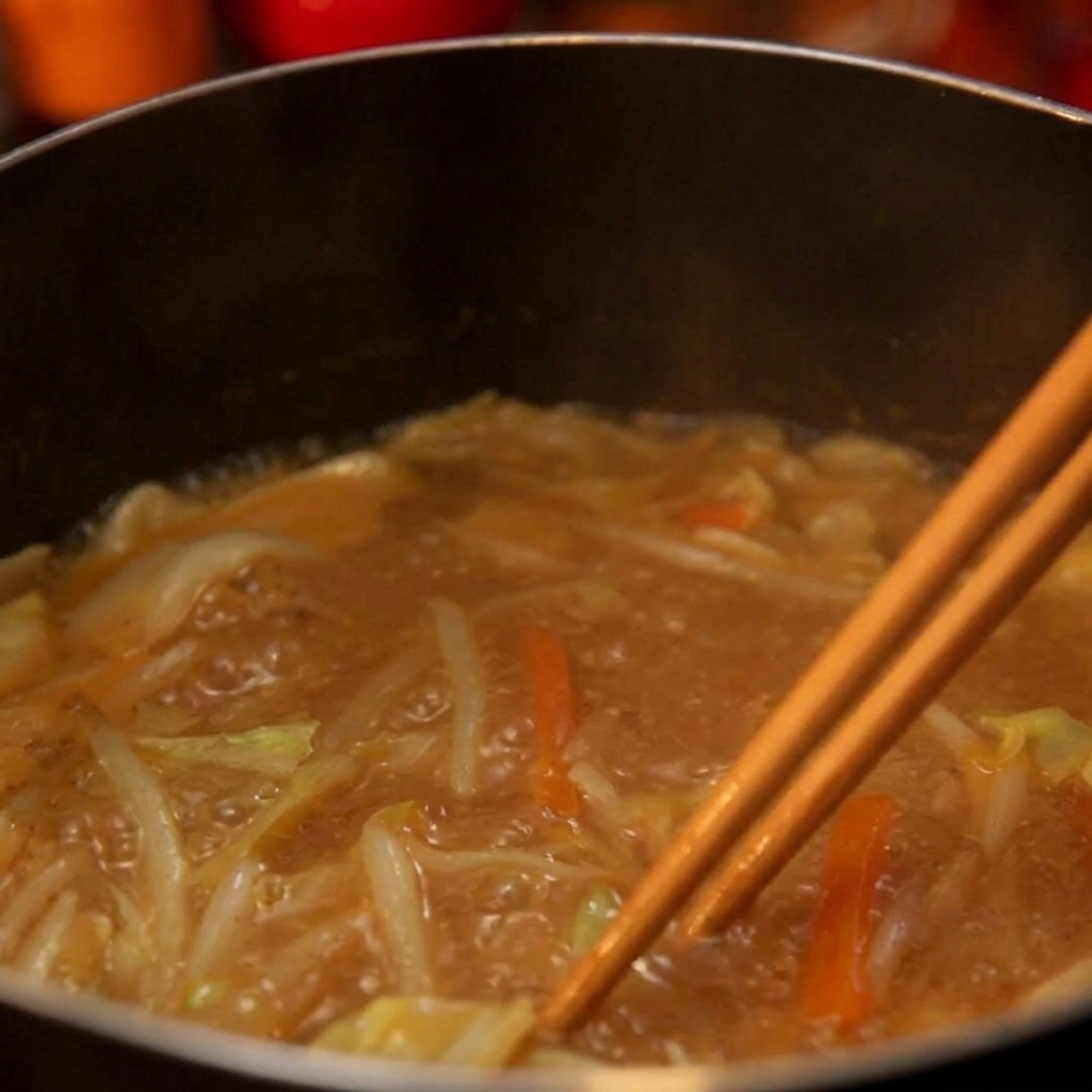 Heißes Wasser wird in die Schüssel gegossen, wodurch Miso und Butter zu schmelzen beginnen.