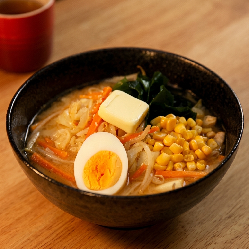 Ein Löffel voll Maiskörner aus der Dose wird als Topping auf die Ramen gegeben.