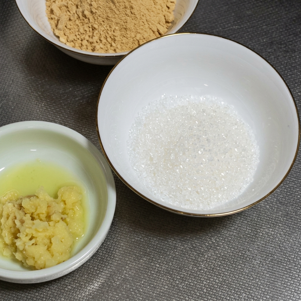 Nahaufnahme einer weißen Schüssel mit einem Klecks roter Miso-Paste, frischem gehacktem Knoblauch und geriebenem Ingwer.