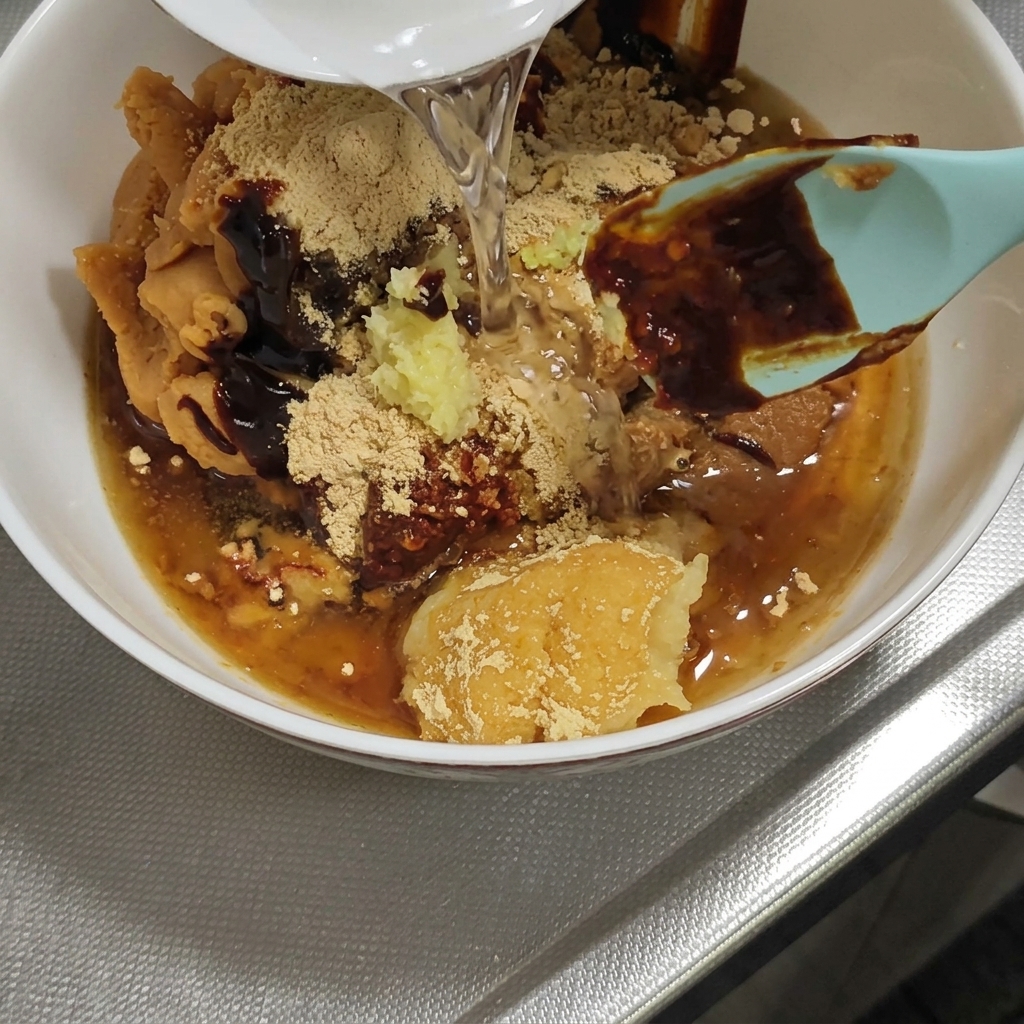 Kochendes Wasser wird aus einem Wasserkocher in eine Schüssel gegossen, während Stäbchen die Miso-Mischung umrühren.