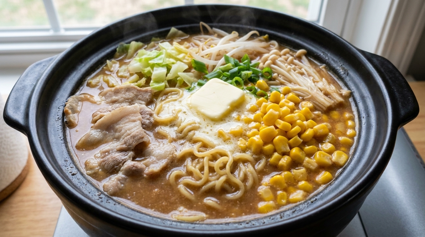 Ein köchelnder Hot Pot gefüllt mit Ramen, Schweinefleischscheiben, Gemüse und einem schmelzenden Stück Butter in einer reichhaltigen Miso-Brühe.