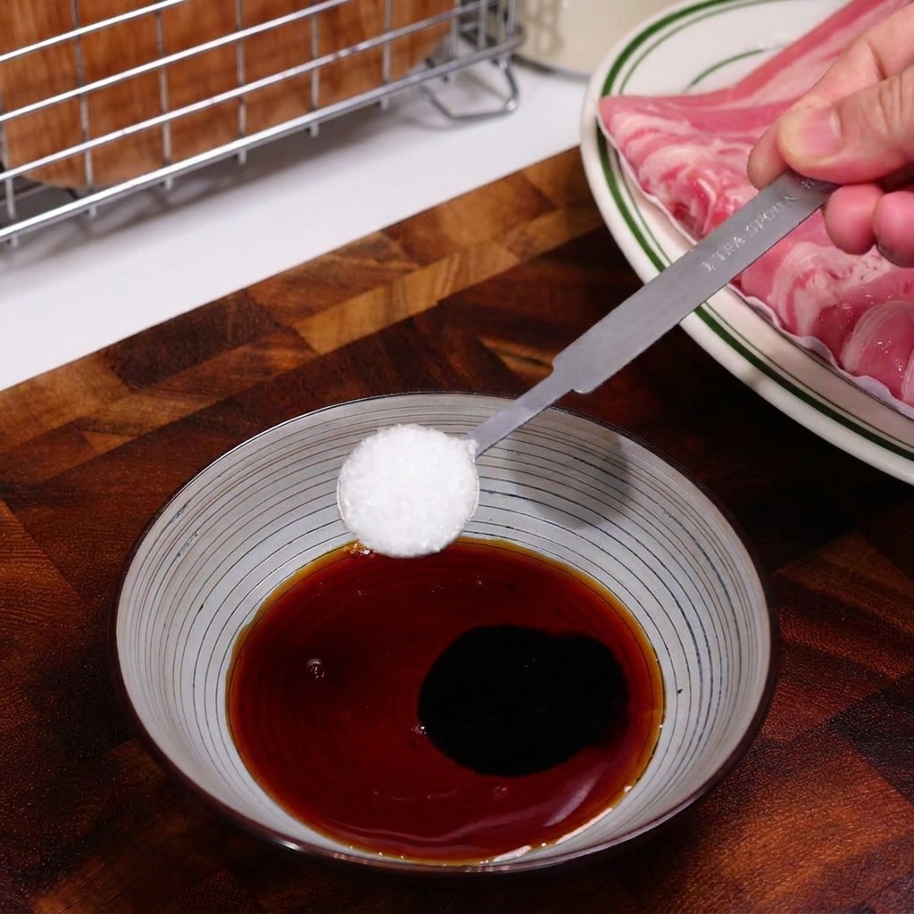 Ein Messlöffel gibt weißes Pulver in eine Schüssel mit dunkler Sauce.