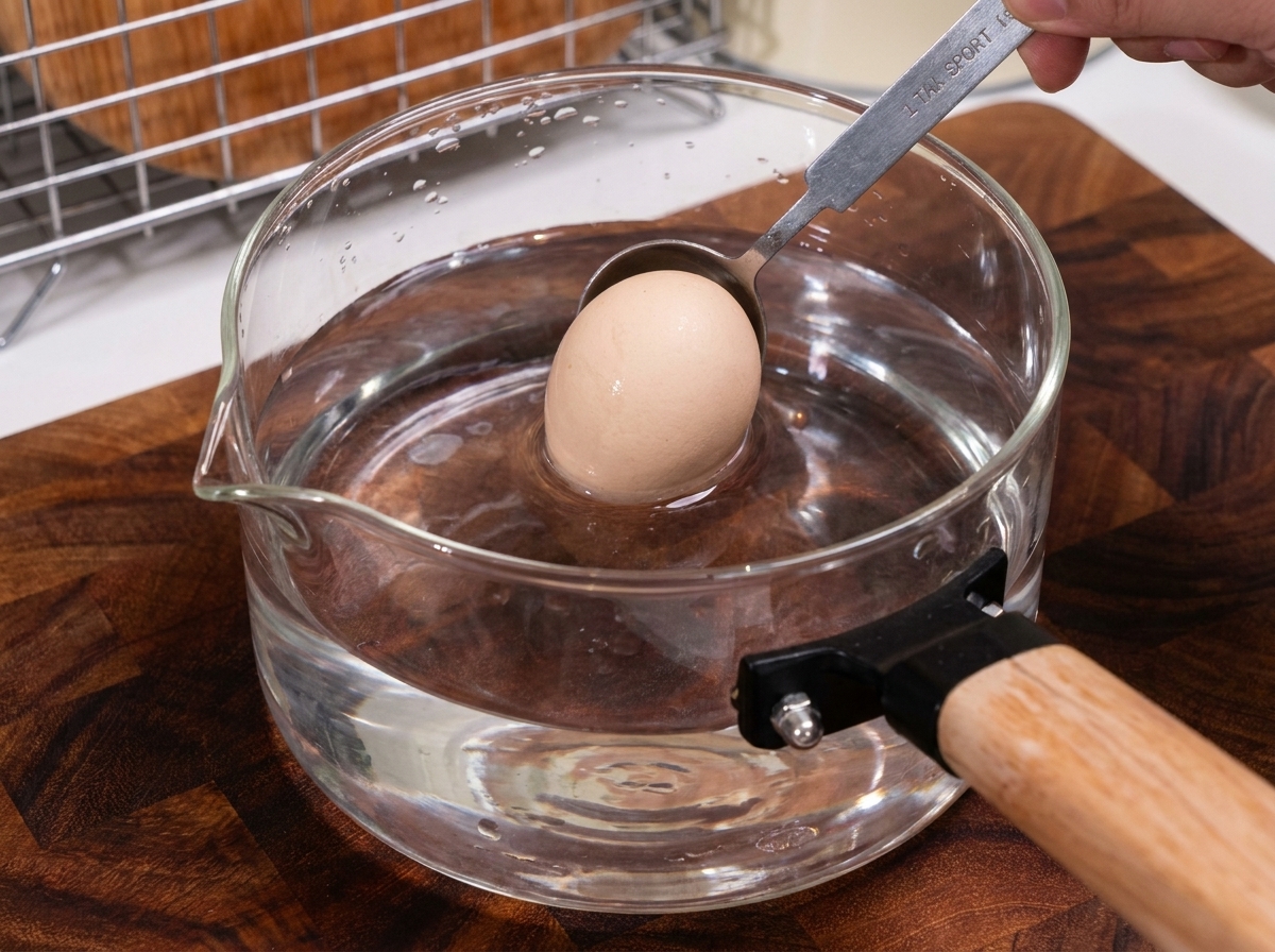 Ein rohes Ei wird mit einem Löffel vorsichtig in einen Topf mit warmem Wasser gesetzt.
