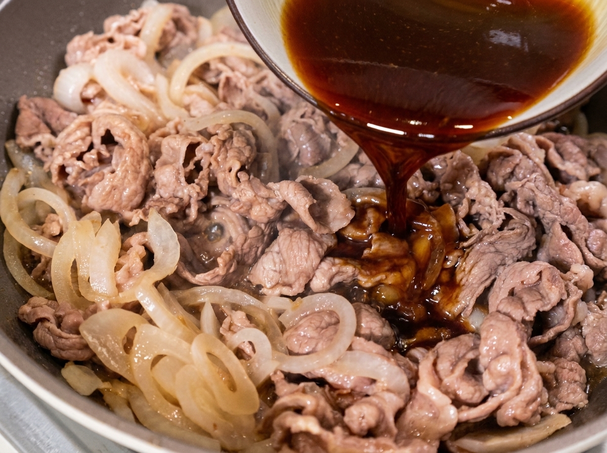 Dunkle Sauce wird über das Fleisch und die Zwiebeln in die Pfanne gegossen.