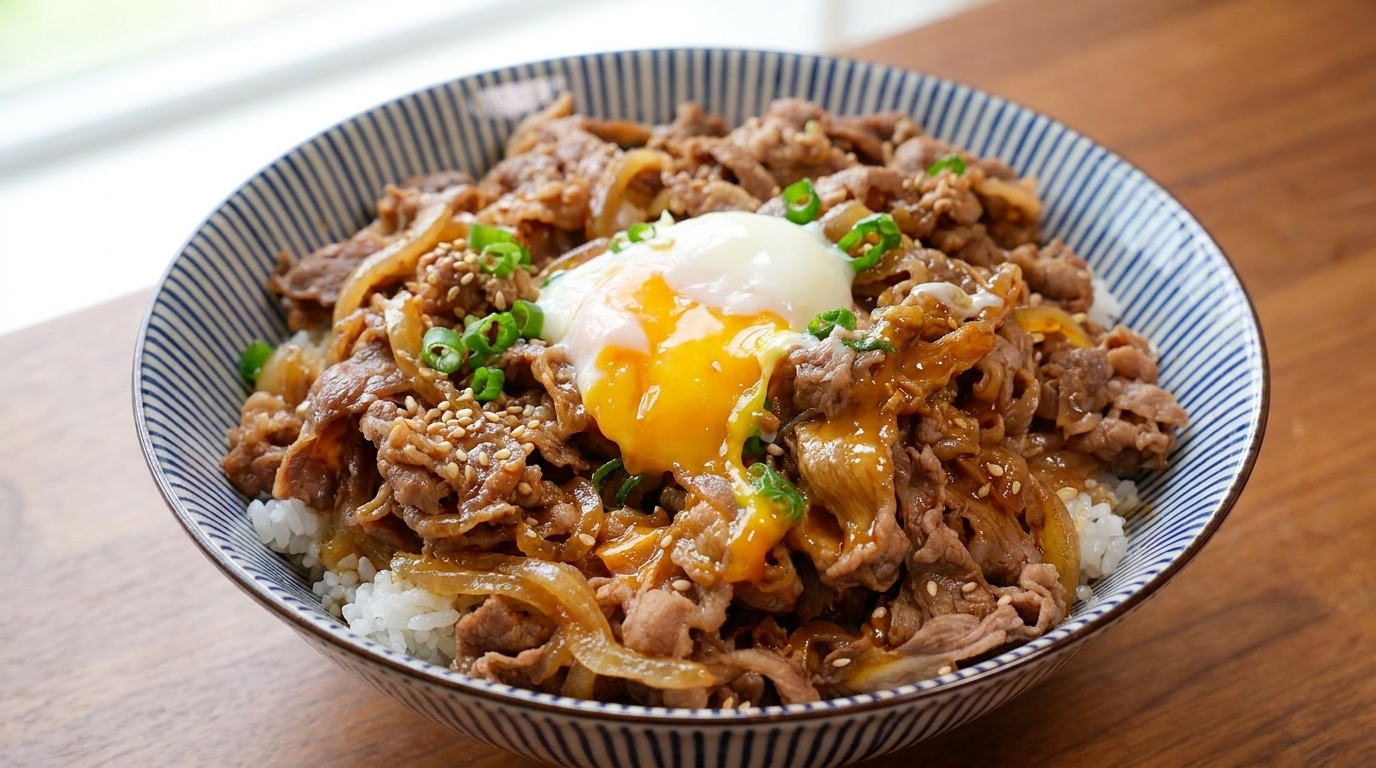 Eine Schüssel japanisches Gyudon mit zartem Rindfleisch, karamellisierten Zwiebeln und einem weichen Ei auf lockerem Reis.