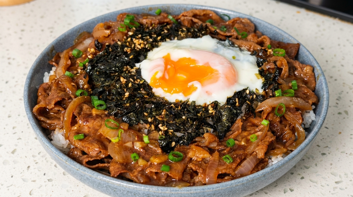 Japanische Rindfleisch-Bowl mit Onsen-Ei (Gyudon)