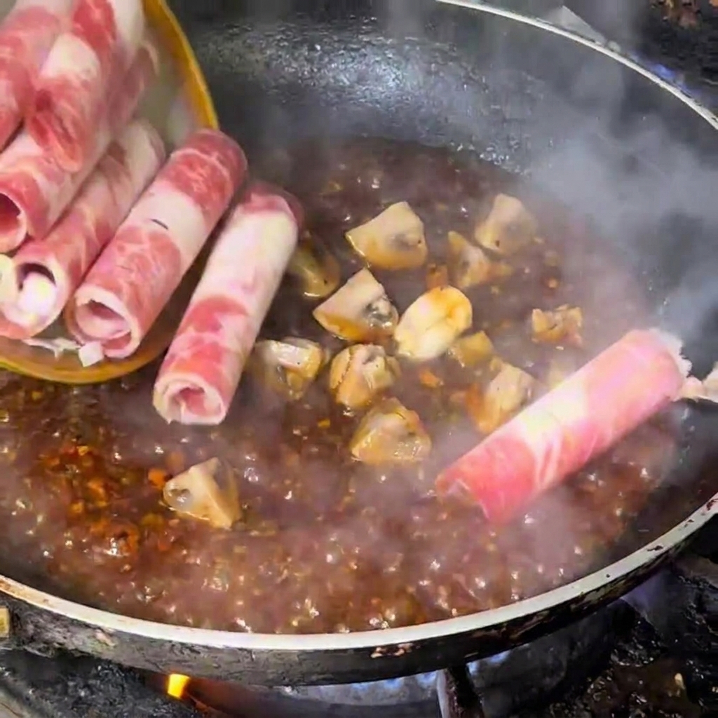 Dünne, rohe Röllchen vom Snowflake-Rindfleisch werden in eine Pfanne mit köchelnder dunkler Soße und Pilzen gegeben.