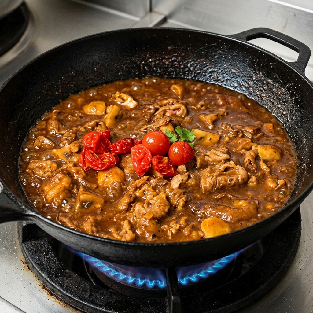 Kirschtomaten werden in eine Pfanne voller gekochtem Rindfleisch, Pilzen und einer dicken braunen Soße geworfen.