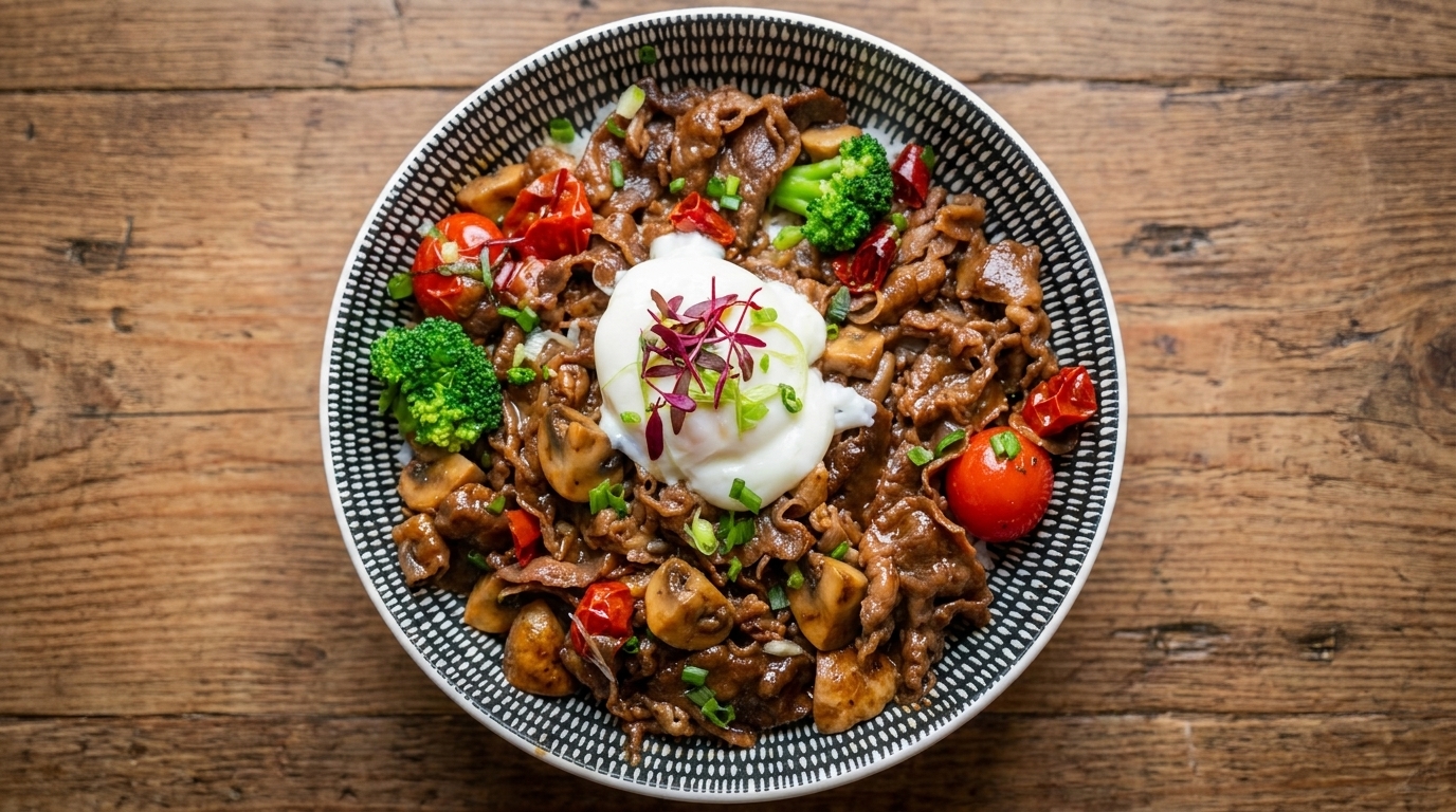 Rice Bowl mit Snowflake-Rindfleisch und Onsen-Ei