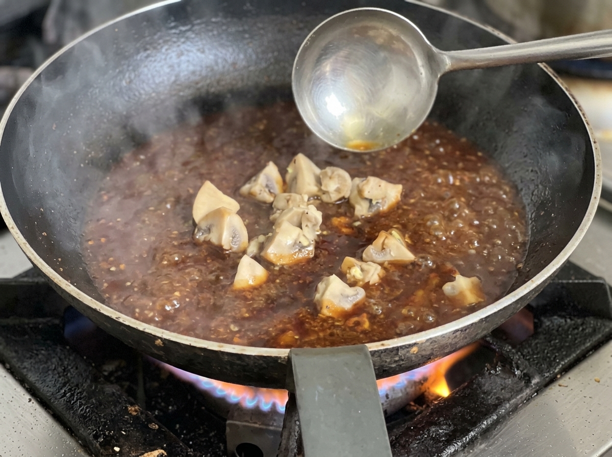 Frische dünne Rindfleischscheiben werden zu den Zwiebeln in die Pfanne gegeben.