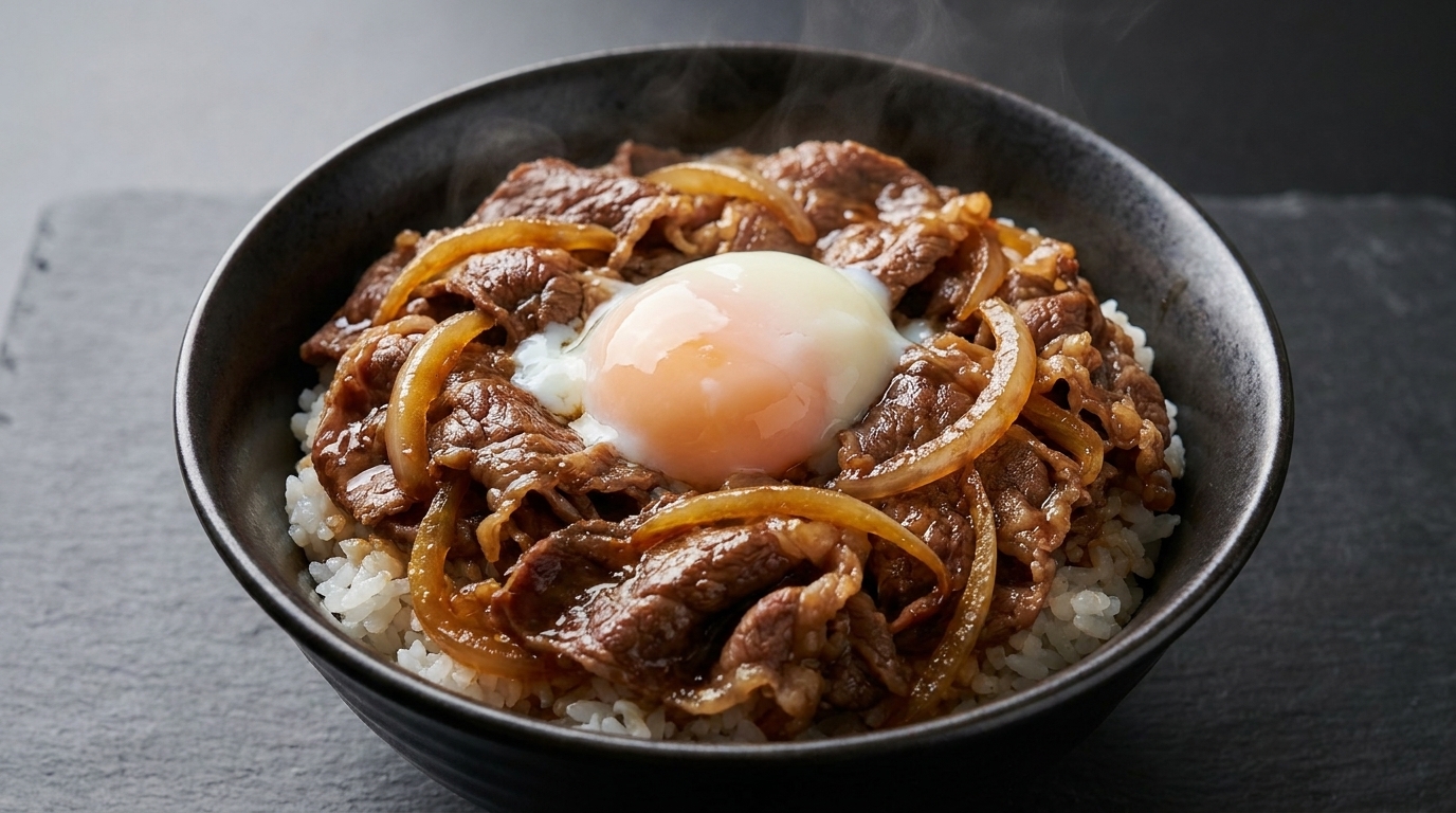 Klassische Gyudon: Japanische Rindfleisch-Reisschale mit Onsen-Ei
