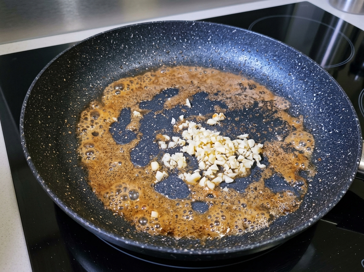 Knoblauch, Tomaten und Paprika schmoren in der Pfanne.