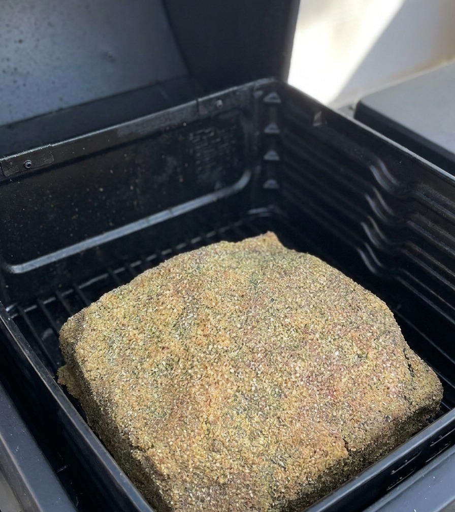 Ein großes Stück Rinderrippen mit Salz-Pfeffer-Rub liegt auf dem Rost eines offenen Smokers.