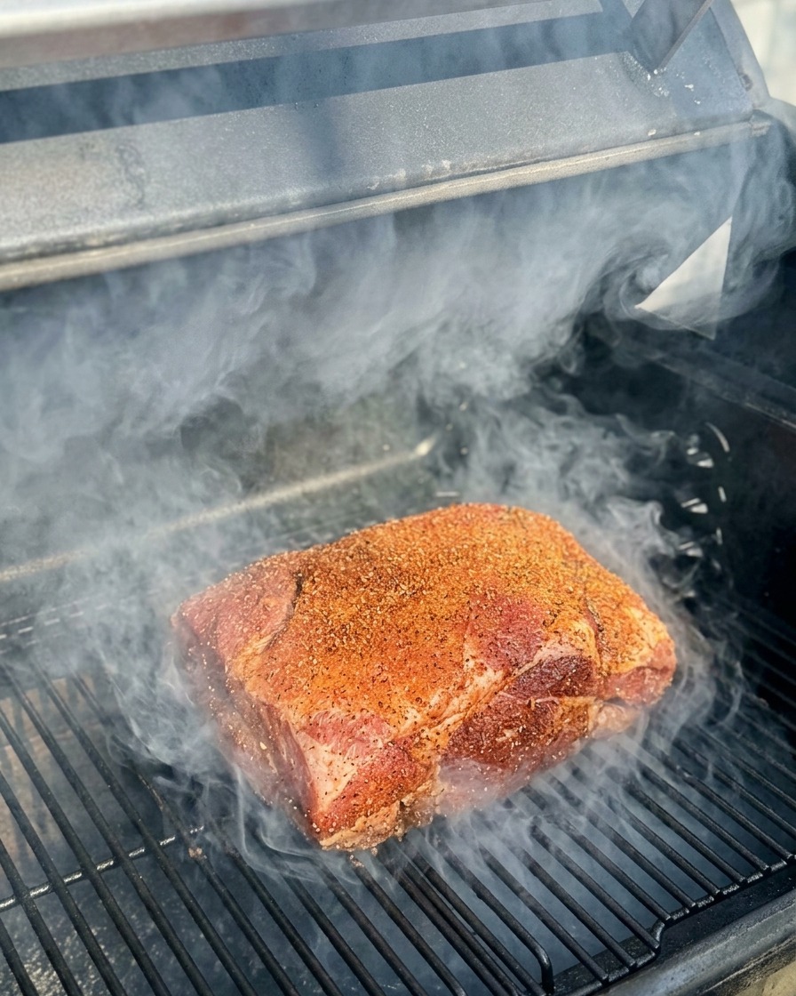 Rinderrippen im Smoker, umgeben von weißem Rauch; die äußere Gewürzschicht beginnt sich dunkelbraun zu färben.