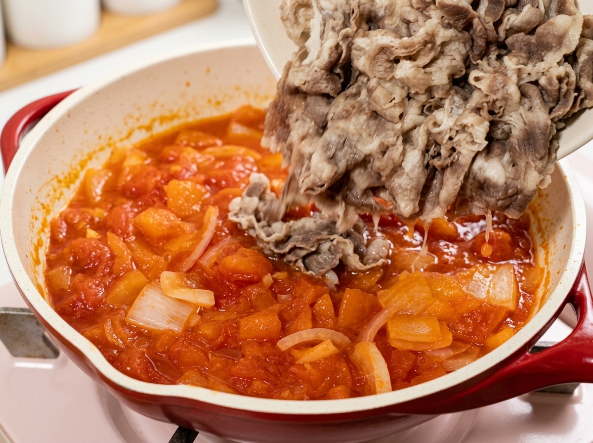 Blanchiertes Rindfleisch wird zur Tomaten-Zwiebel-Mischung in die Pfanne gegeben.