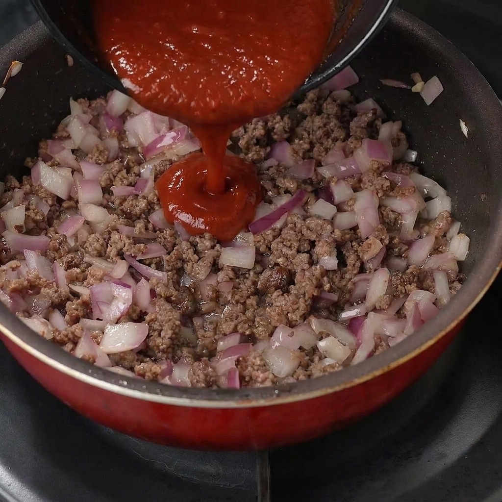 Eine dunkelrote, herzhafte Sauce wird über das Rindfleisch und die Zwiebeln gegossen.