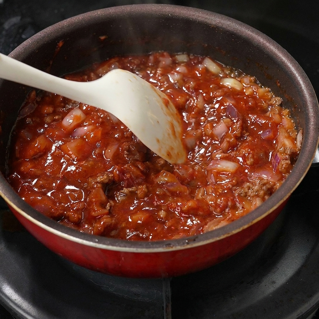 Verquirltes Ei wird in die Pfanne mit der Rindfleisch-Saucen-Mischung gegossen.