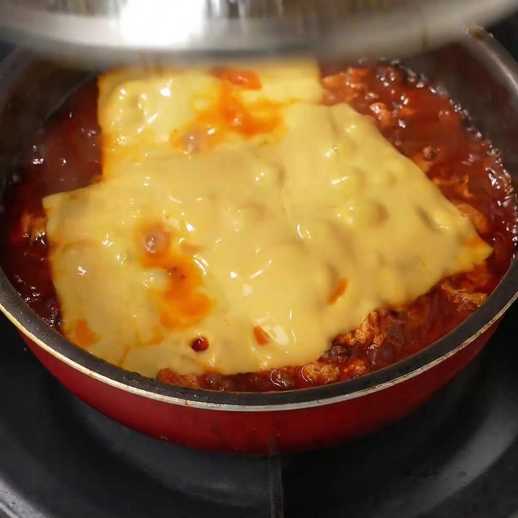 Das fertige Gericht mit geschmolzenem Käse in der Pfanne, bestreut mit schwarzem Sesam.