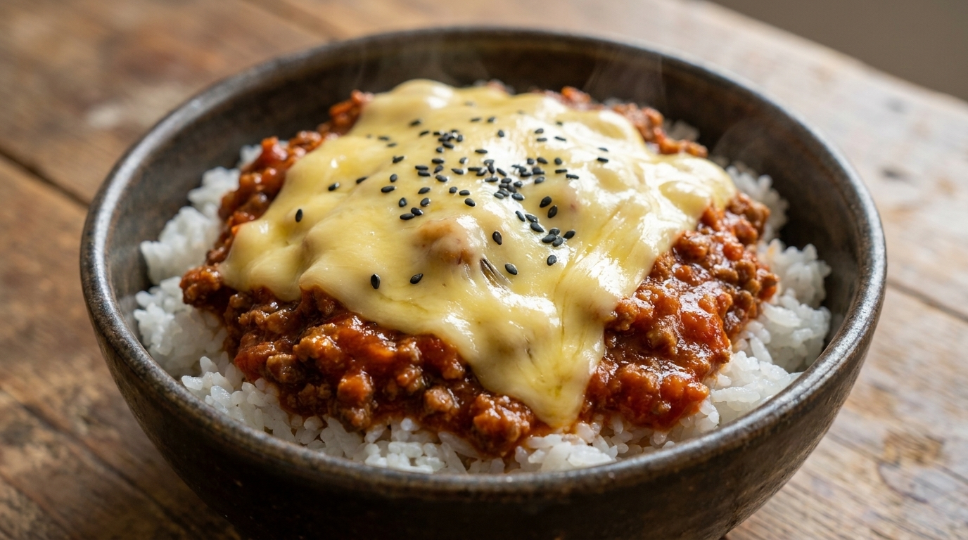 Herzhafte Rindfleisch-Reis-Bowl mit geschmolzenem Käse