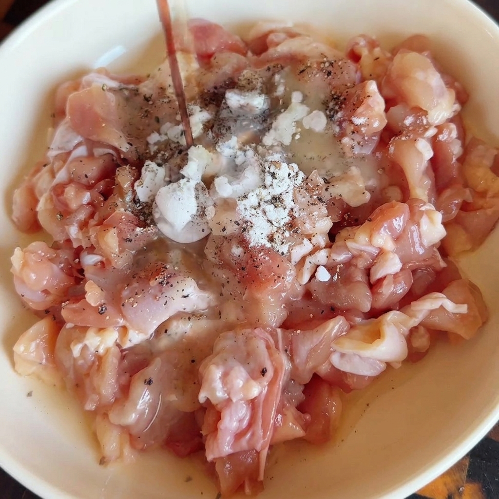 Eine Schüssel mit gewürfeltem rohen Hähnchen, verfeinert mit Sojasauce und Gewürzen.