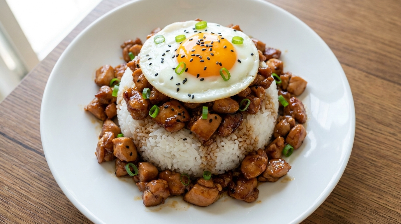 Ein herzhaftes japanisches Donburi mit Hähnchen, gekrönt mit einem Spiegelei und frischen Frühlingszwiebeln.