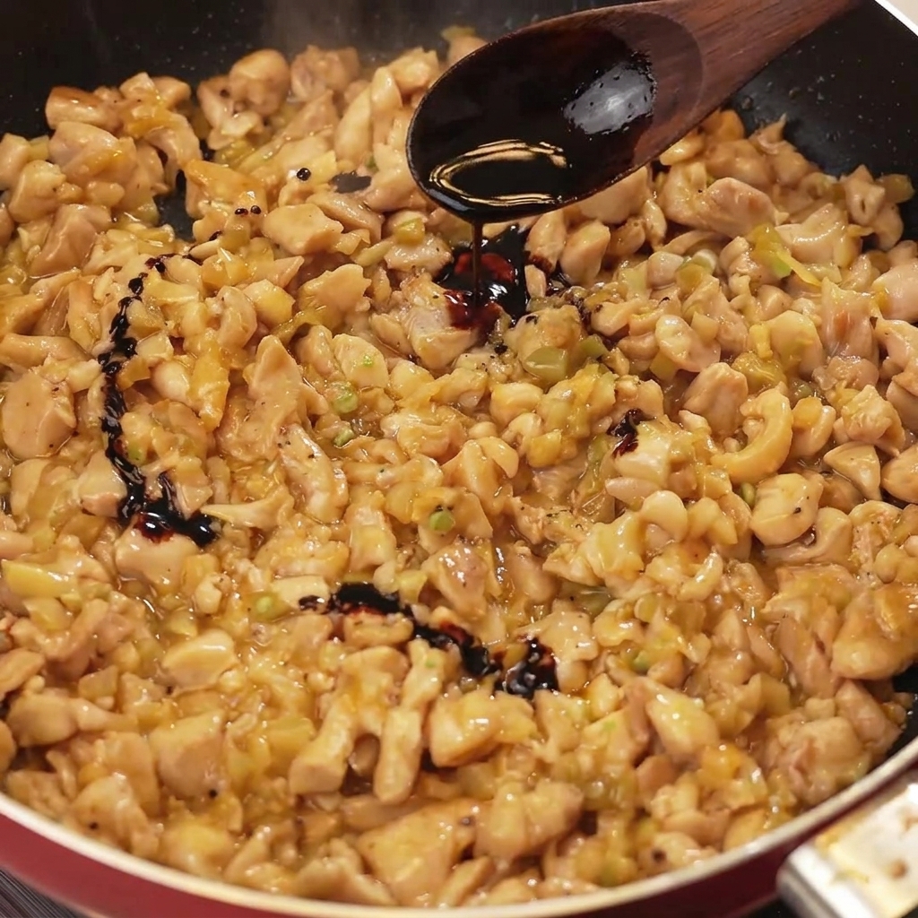 Ein Holzlöffel gießt dunkle Sojasauce über das gebratene Hähnchen mit Senfkohl in der Pfanne.
