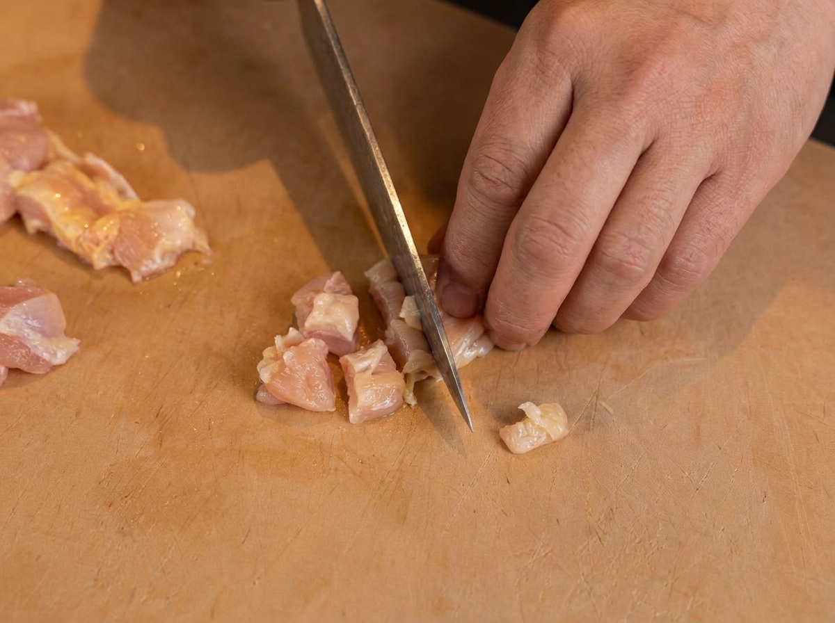 Eine Hand würfelt rohes Hähnchenfleisch auf einem Holzbrett in kleine Stücke.
