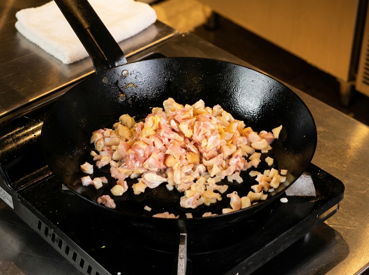 Hähnchenfleisch und Knorpel garen in einer heißen Pfanne.