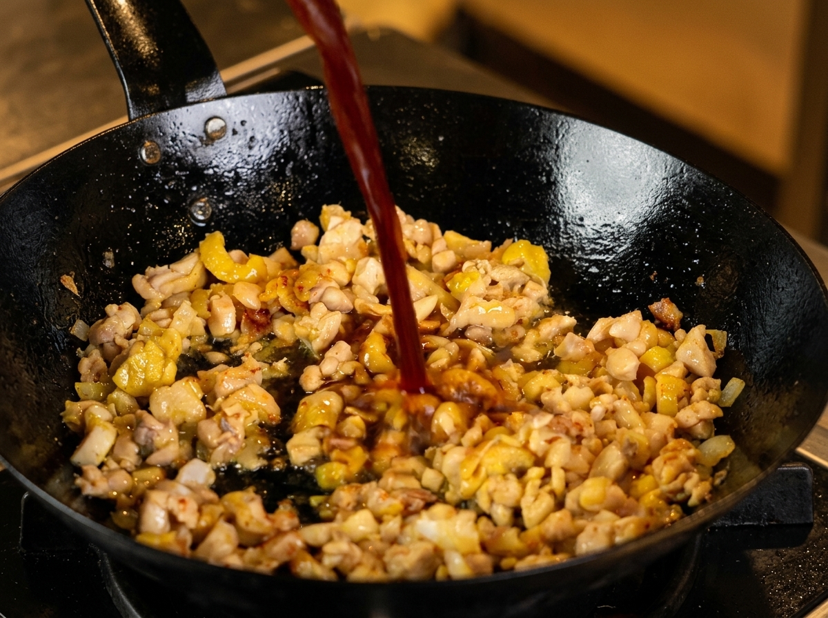 Dunkle Sauce wird über das gebratene Hähnchen gegossen.