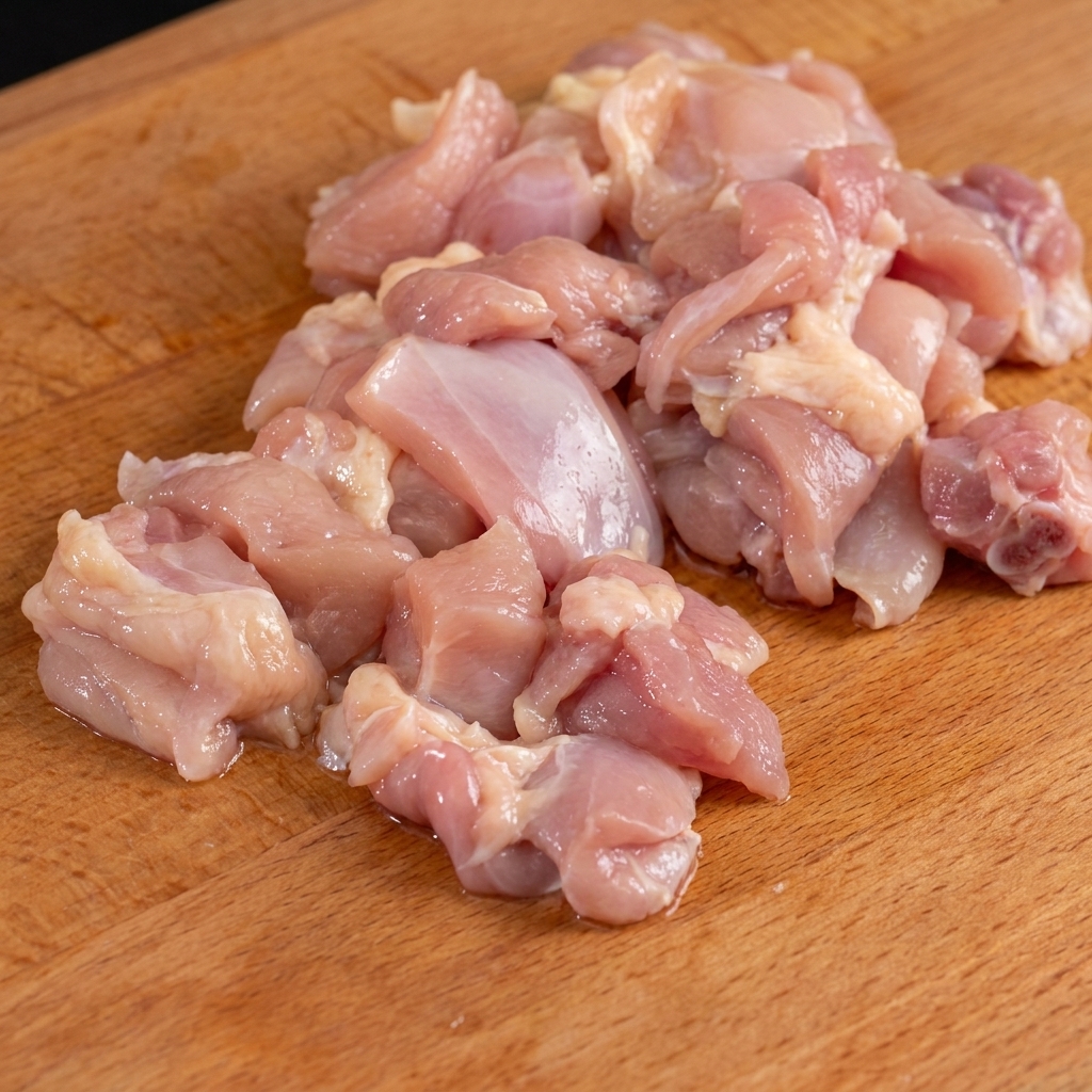 Rohes Hähnchenschenkelfleisch in kleine Stücke geschnitten auf einem Holzschneidebrett.