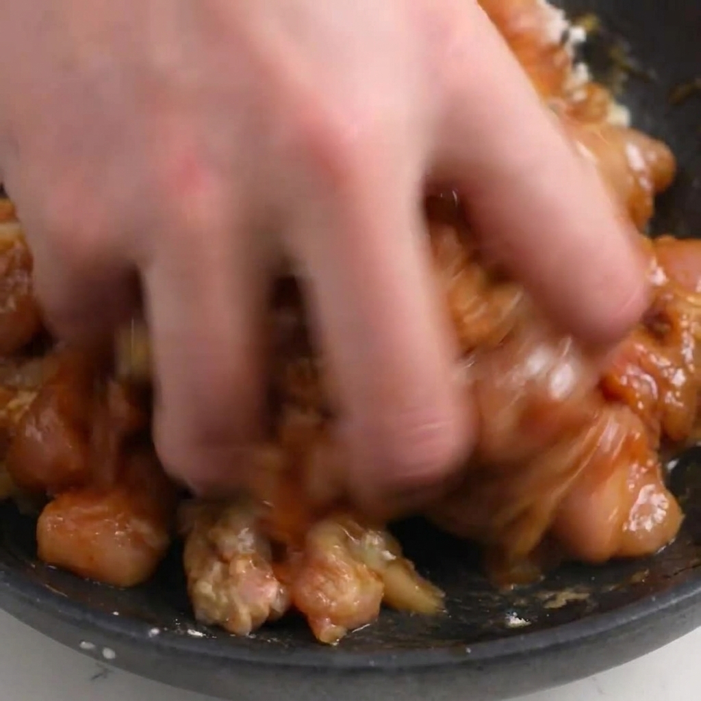 Eine Hand mischt rohes gehacktes Hähnchen mit Speisestärke und flüssigen Gewürzen in einer dunklen Schüssel.