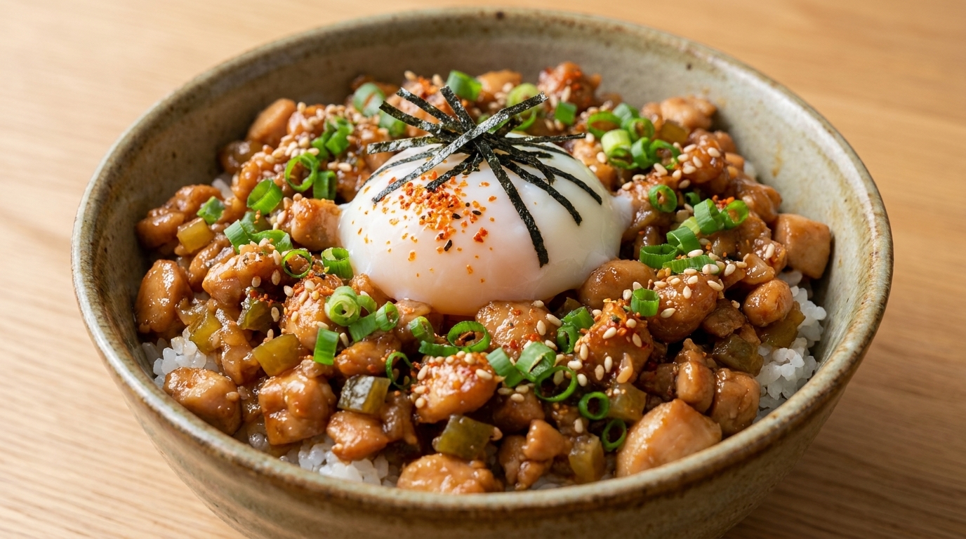 Japanische Reis-Bowl mit gehacktem Hähnchen und eingelegtem Senfkohl (Tori Soboro Don)