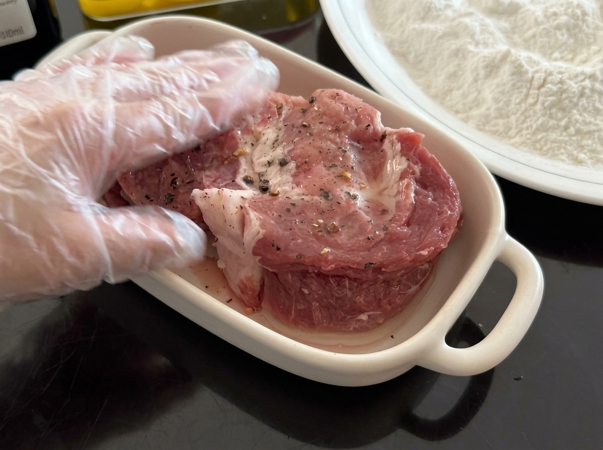 Behandschuhte Hände massieren schwarzen Pfeffer und Salz in rohes Schweinefleisch ein.