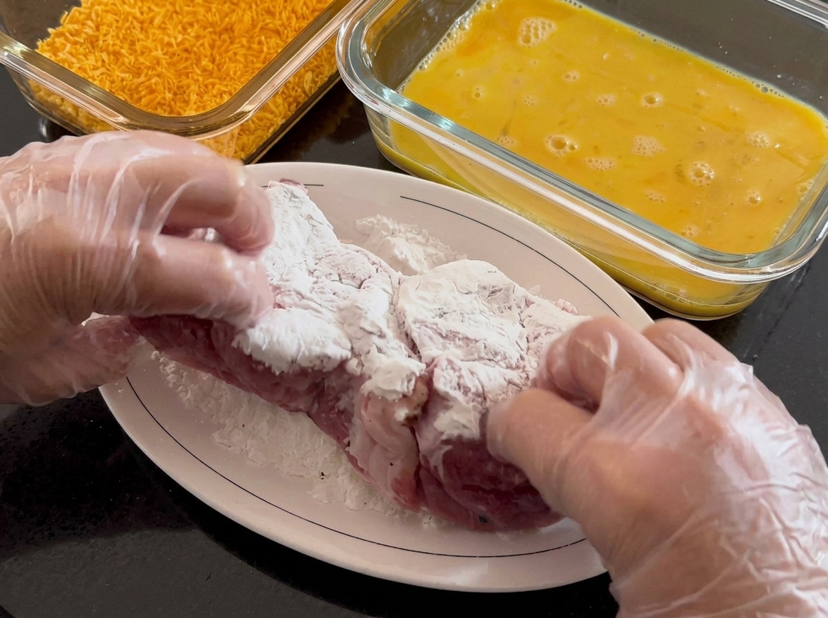 Behandschuhte Hände verteilen Stärke auf einem marinierten Schweinestück.