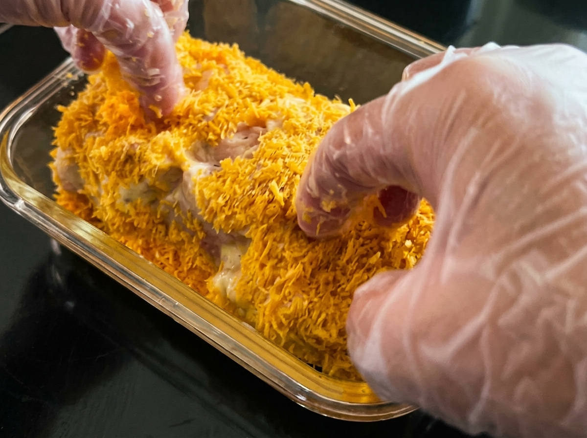 Behandschuhte Hände drücken orangene Panko-Brösel fest auf das Schnitzel.