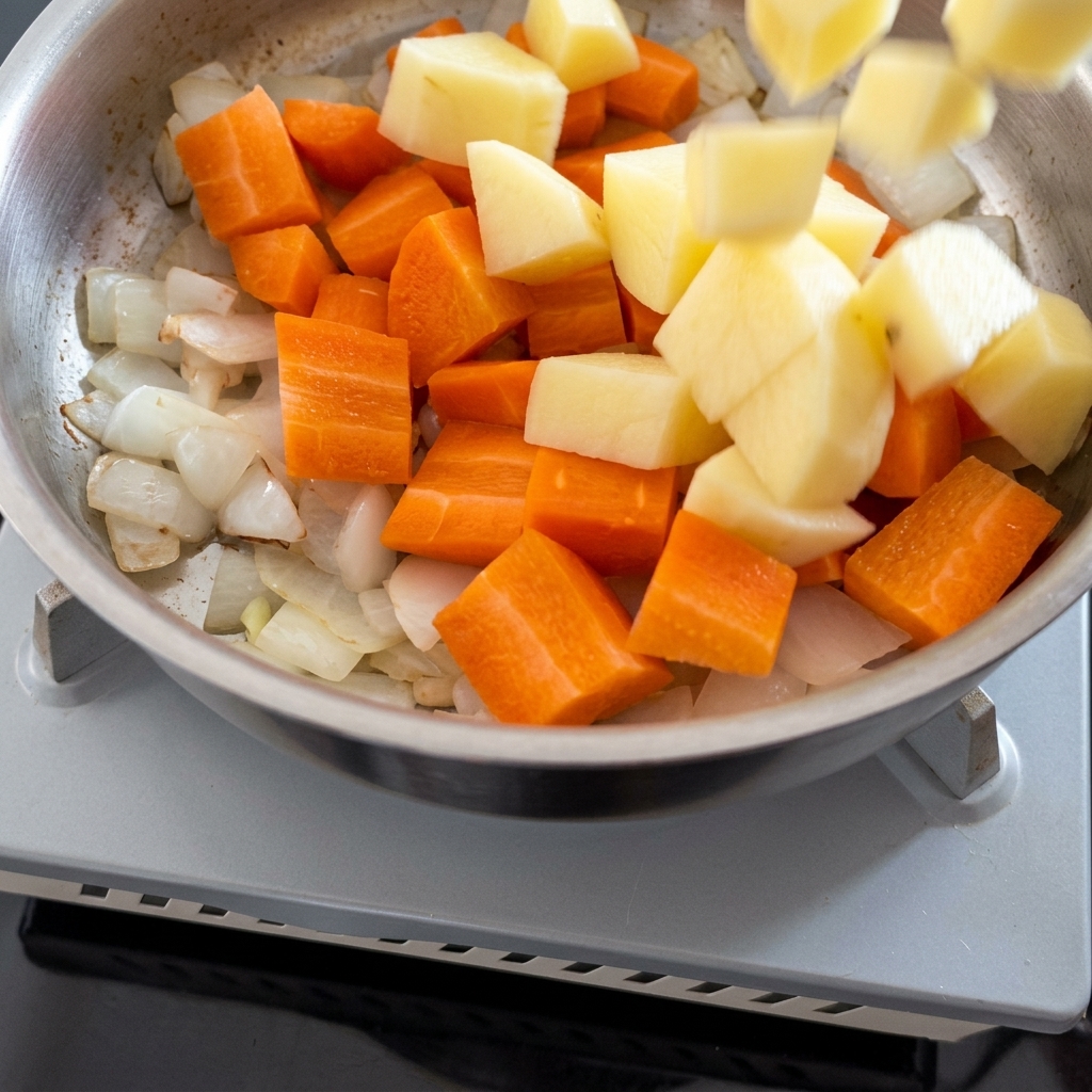 Gewürfelte Karotten und Kartoffeln werden zum Topf hinzugefügt.