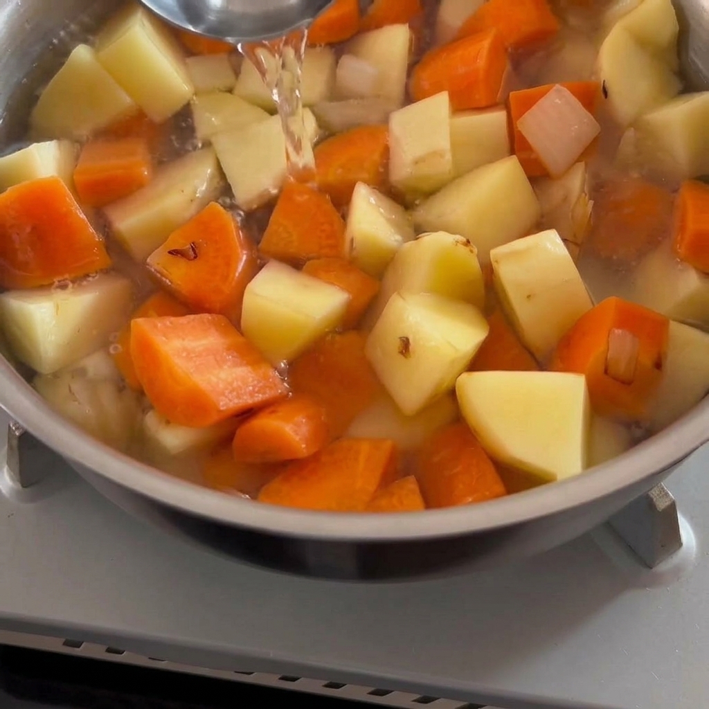 Curry-Würfel werden in den köchelnden Topf gegeben.