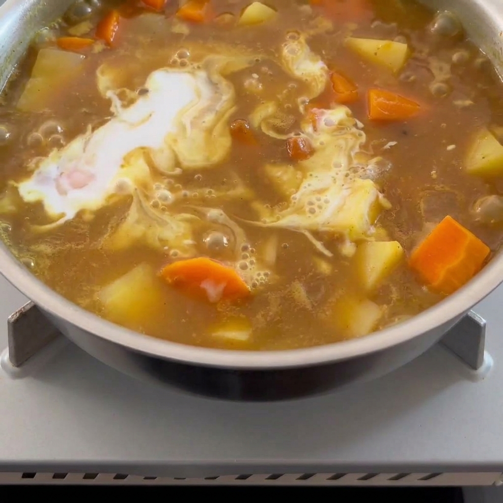Kokosmilch wird in die Currysoße gegossen und untergerührt.