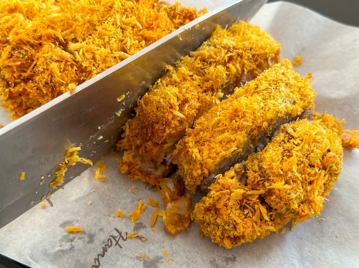 Ein knuspriges Schnitzel wird in Streifen geschnitten.