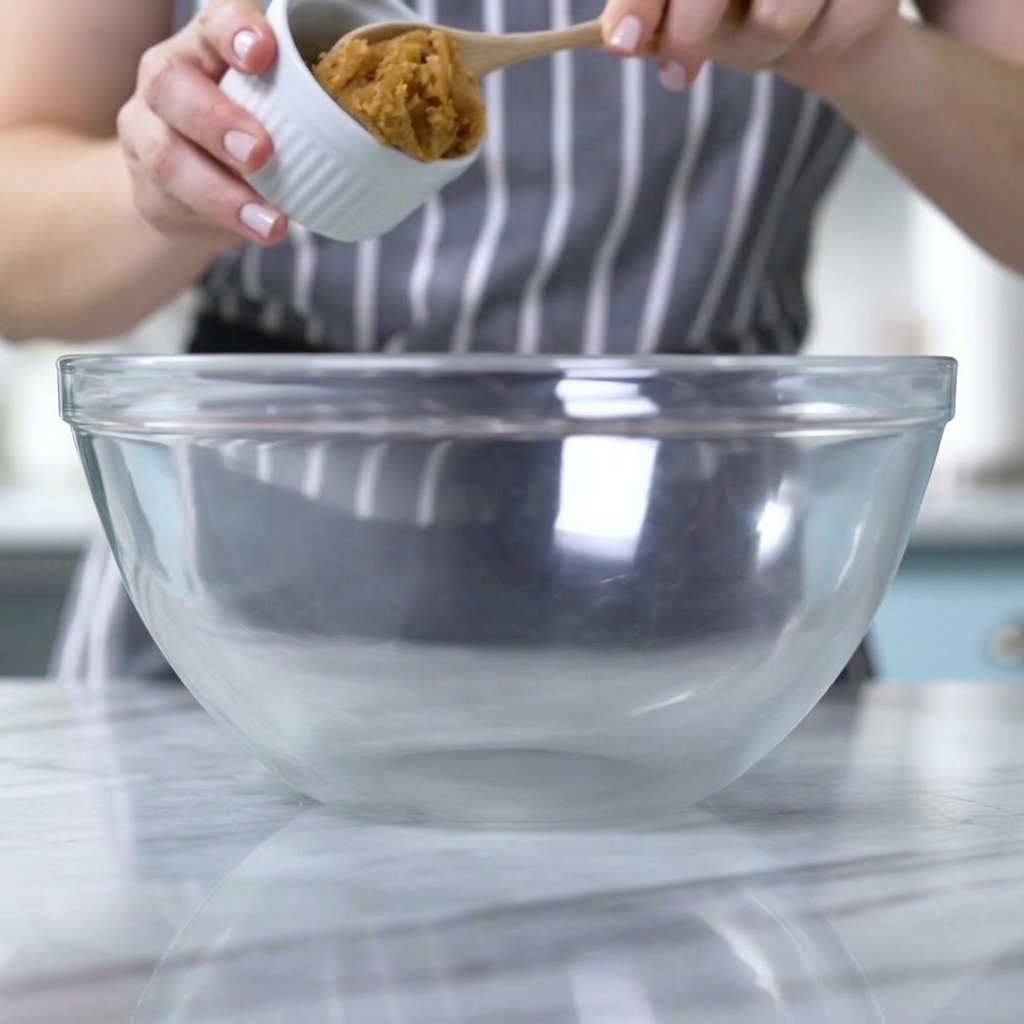 Eine Nahaufnahme von Miso-Paste, die mit einem Holzlöffel in eine leere Glasschüssel gegeben wird.