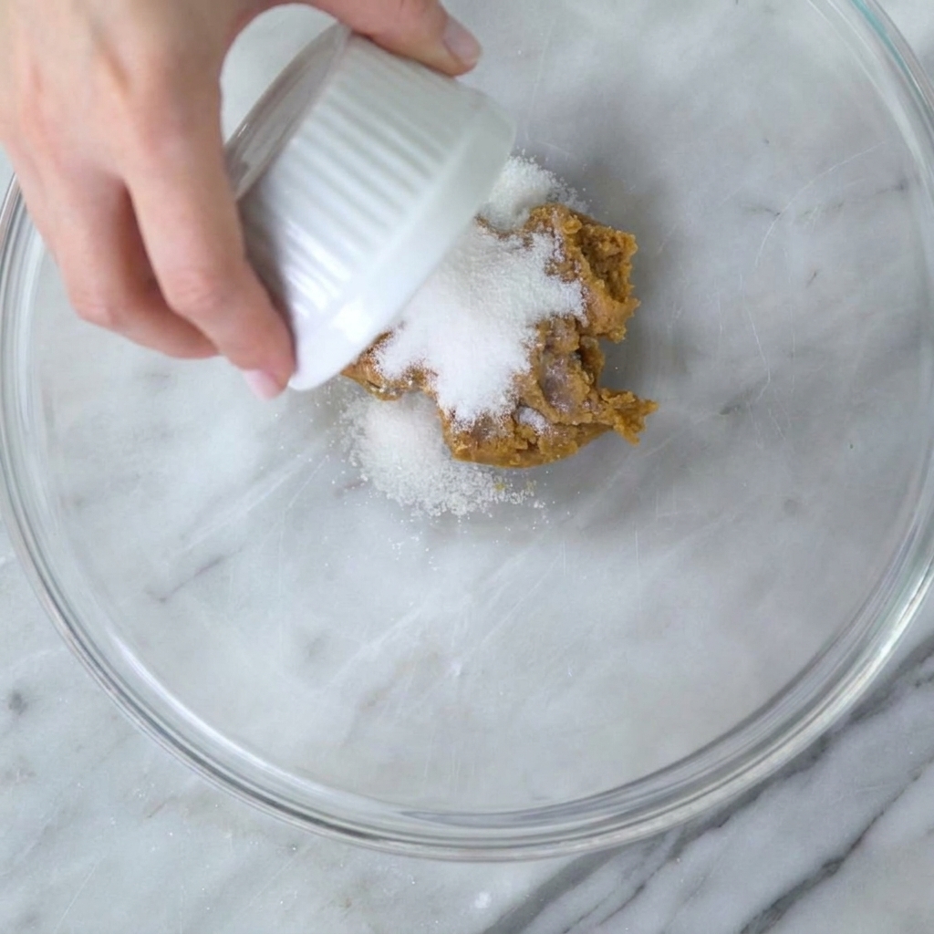 Kristallzucker wird aus einer kleinen weißen Schale auf die Miso-Paste in einer Glasschüssel geschüttet.