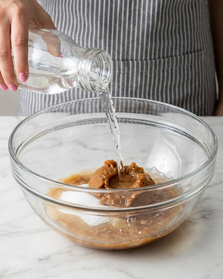 Klares Wasser wird aus einer Glaskaraffe in eine Schüssel mit Miso-Paste und Zucker gegossen.