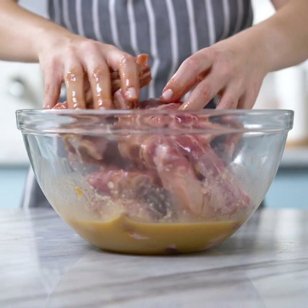 Hände vermengen rohe Schweinerippchen in einer Glasschüssel mit brauner Miso-Marinade.