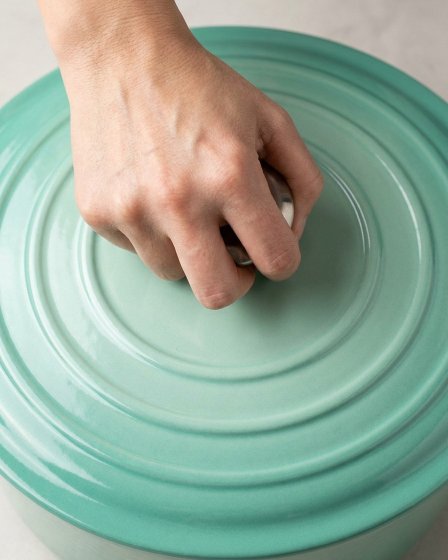Eine Hand setzt einen Deckel auf einen hellblauen Gusseisentopf.